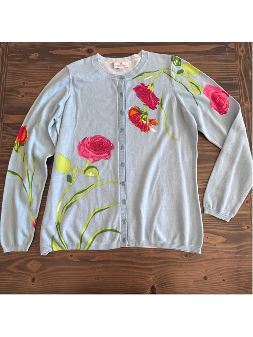 Quacker Factory Cardigan Womens S Light Blue Floral Rose Beaded Vintage - Picture 3 of 9